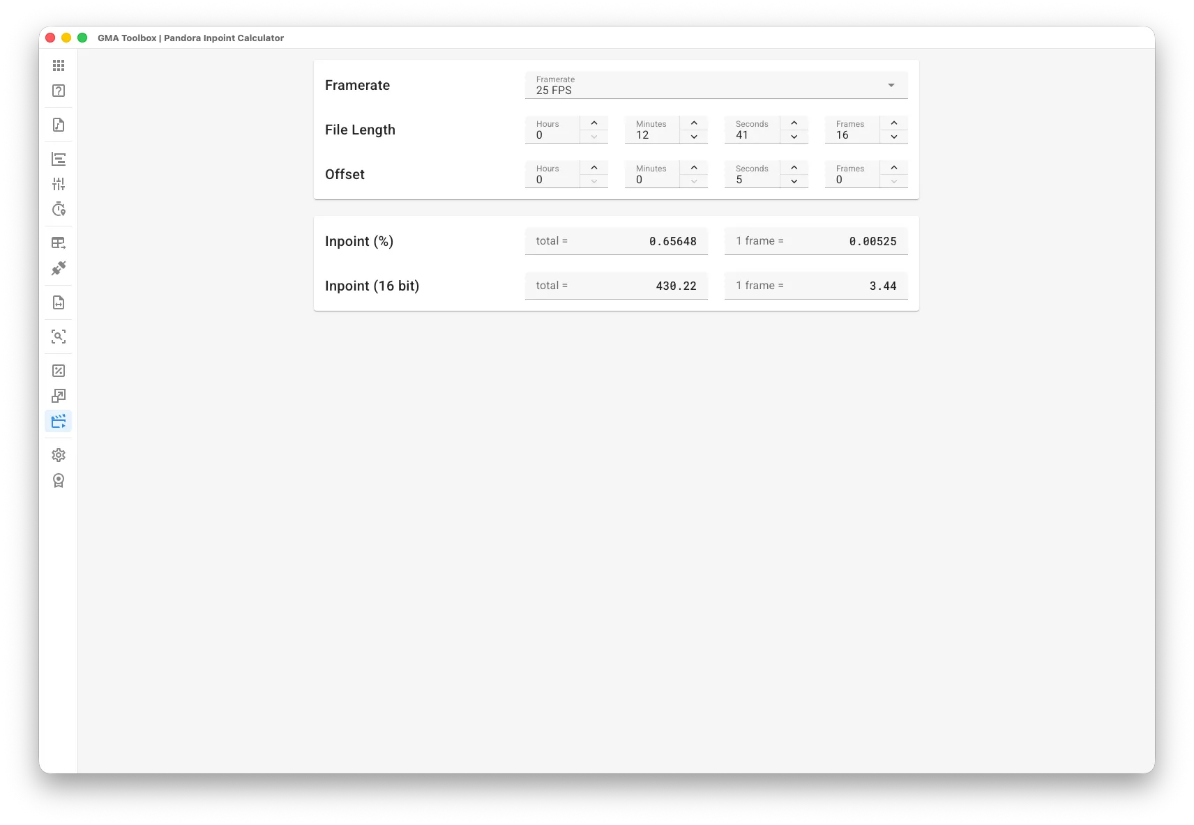 Pandora Inpoint Calculator - Screenshot