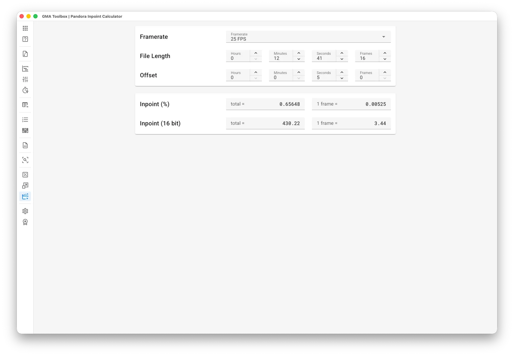 Pandora Inpoint Calculator - Screenshot